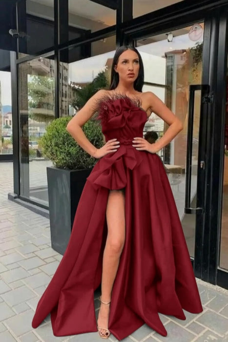 Burgundy Raven Feather Split Long Prom Gown