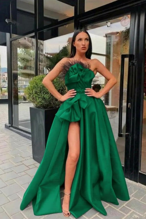Dark Green Raven Feather Split Long Prom Gown