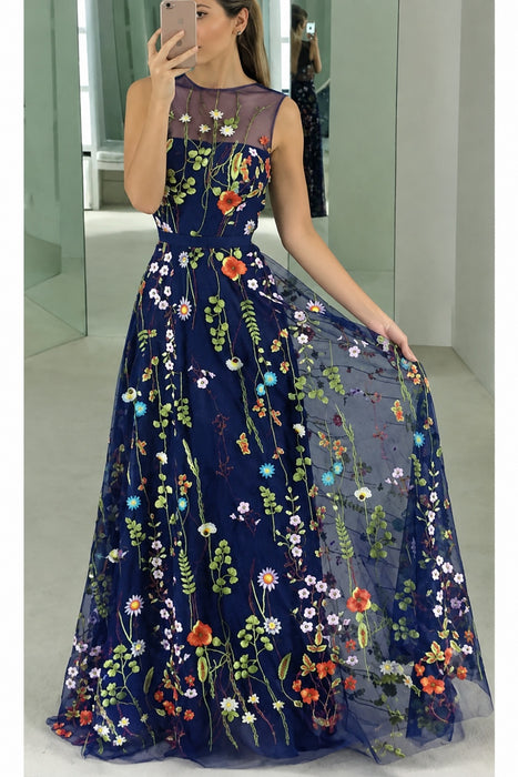 Jewel Neck A-line Sleeveless Prom Dress with Embroidery Flowers