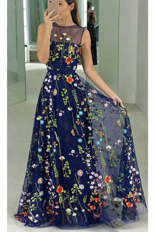 Jewel Neck A-line Sleeveless Prom Dress with Embroidery Flowers