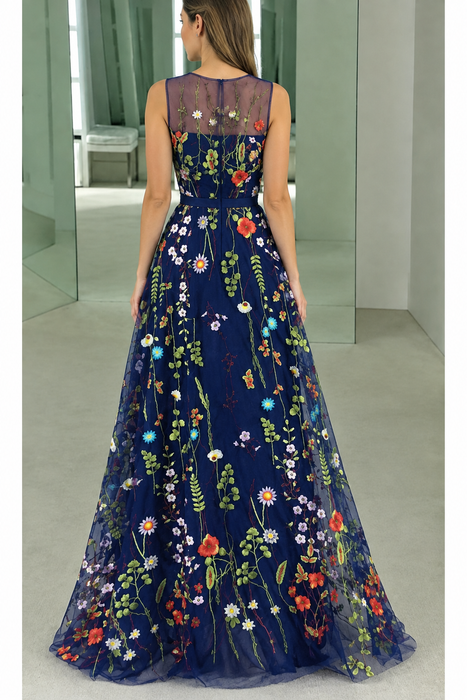 Jewel Neck A-line Sleeveless Prom Dress with Embroidery Flowers