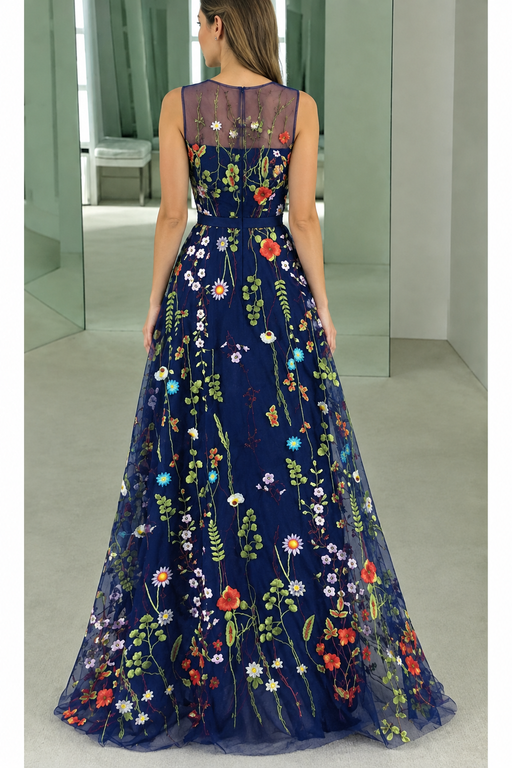 Jewel Neck A-line Sleeveless Prom Dress with Embroidery Flowers
