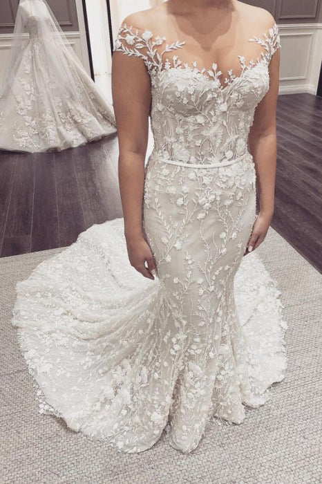 Floor-length Mermaid Wedding Dress with Elegant Off-the-Shoulder Backless Design and Appliques Lace - Wedding Dresses
