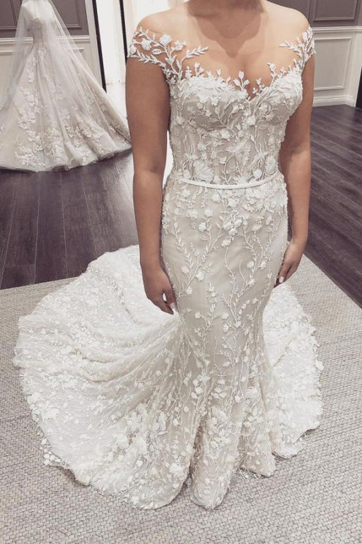 Floor-length Mermaid Wedding Dress with Elegant Off-the-Shoulder Backless Design and Appliques Lace - Wedding Dresses