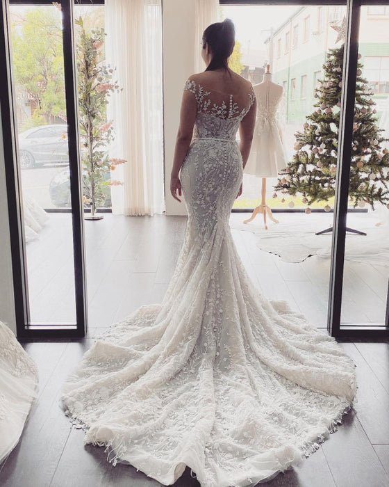 Floor-length Mermaid Wedding Dress with Elegant Off-the-Shoulder Backless Design and Appliques Lace