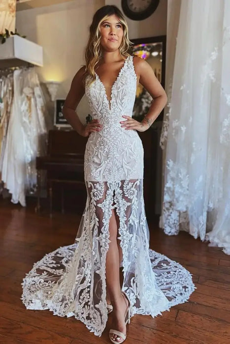 Floral Lace Mermaid Wedding Dress Deep V-Neck Front Slit Bridal Dress