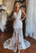 Floral Lace Mermaid Wedding Dress Deep V-Neck Front Slit Bridal Dress