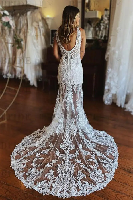 Floral Lace Mermaid Wedding Dress Deep V-Neck Front Slit Bridal Dress