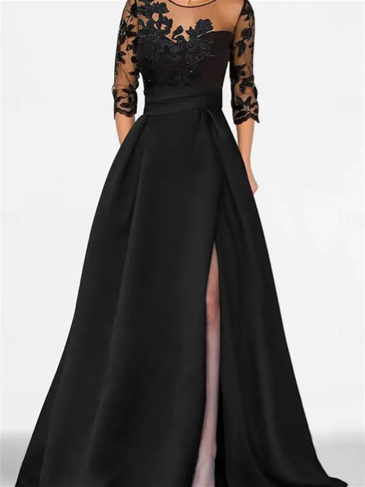 Black satin gown with a floral lace yoke and high front split