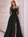 Black satin lace yoke gown photographed full length