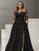 Black satin lace yoke gown worn by a curve model