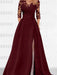 Burgundy satin gown with a floral lace yoke
