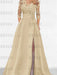 Champagne satin gown with a floral lace yoke