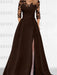 Chocolate satin mother of the bride gown with lace yoke and high split