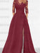 Cinnamon Rose satin mother of the bride gown with lace yoke and high split
