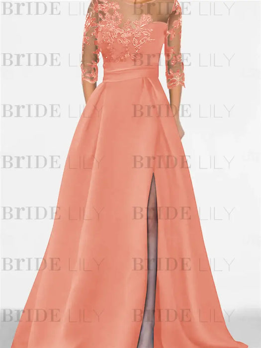 Coral satin mother of the bride gown with lace yoke and high split
