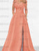 Coral satin mother of the bride gown with lace yoke and high split