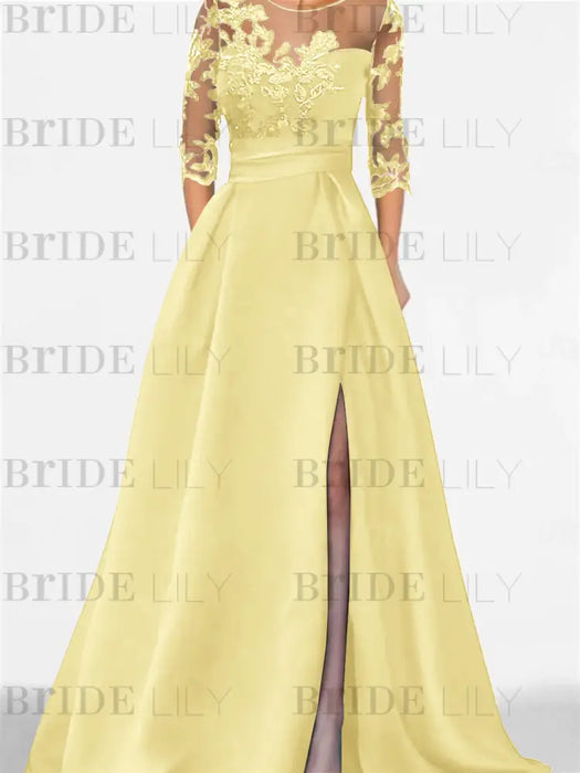 Daffodil satin mother of the bride gown with lace yoke and high split