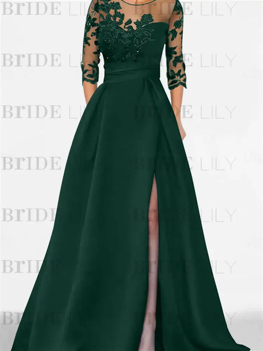 Dark Green satin mother of the bride gown with lace yoke and high split
