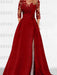 Dark Red satin mother of the bride gown with lace yoke and high split