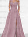 Dusty Rose satin mother of the bride gown with lace yoke and high split