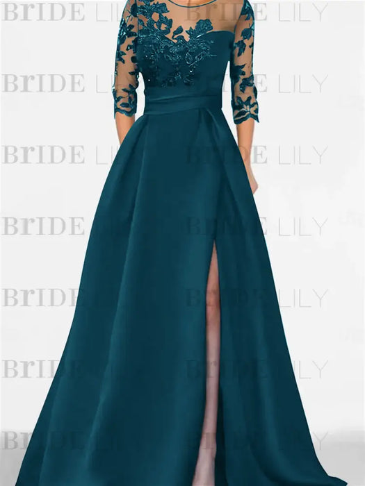 Ink Blue satin mother of the bride gown with lace yoke and high split