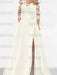 Ivory satin mother of the bride gown with lace yoke and high split