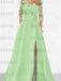 Mint green satin gown with a floral lace yoke