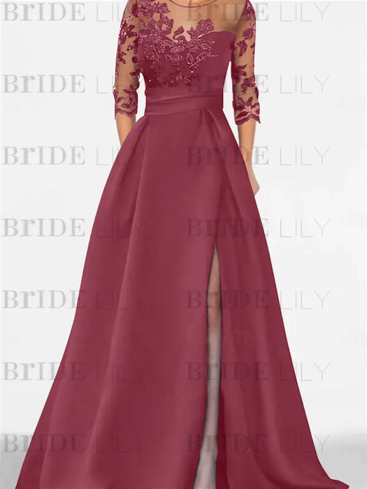 Mulberry satin mother of the bride gown with lace yoke and high split