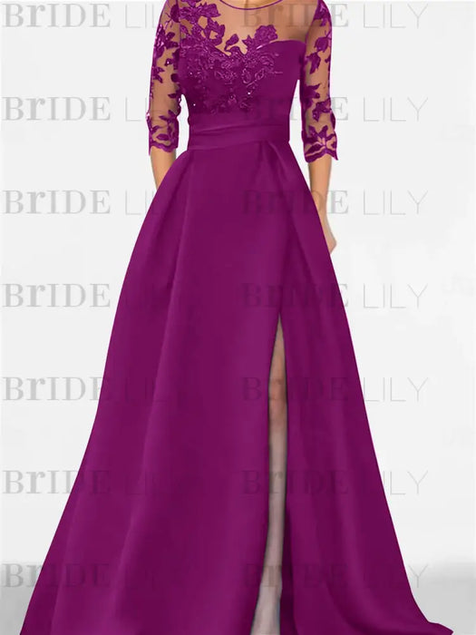 Orchid satin mother of the bride gown with lace yoke and high split