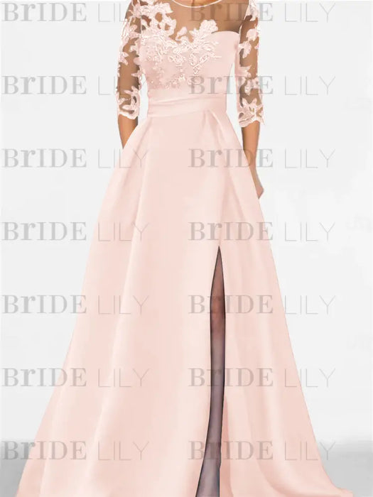 Petal satin mother of the bride gown with lace yoke and high split