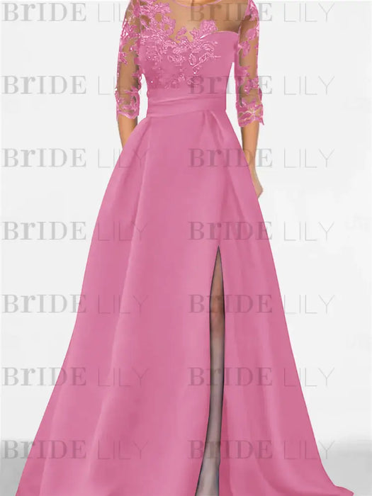Pink satin gown with a floral lace yoke