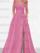 Pink satin gown with a floral lace yoke