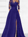 Regency satin mother of the bride gown with lace yoke and high split