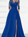 Royal Blue satin mother of the bride gown with lace yoke and high split