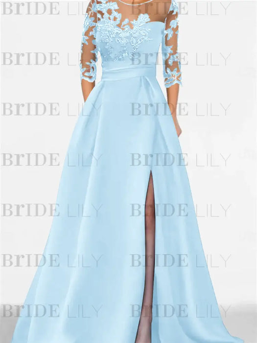 Sky Blue satin mother of the bride gown with lace yoke and high split