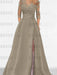 Taupe satin mother of the bride gown with lace yoke and high split
