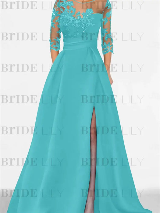 Turquoise satin gown with a floral lace yoke
