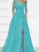 Turquoise satin gown with a floral lace yoke