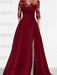 Wine red satin gown with a floral lace yoke