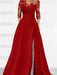 Wine Red satin mother of the bride gown with lace yoke and high split