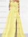 Yellow satin mother of the bride gown with lace yoke and high split
