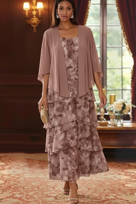 Floral Tiered Chiffon Dress - Dusk