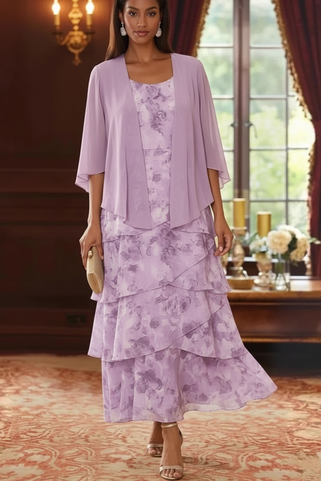 Floral Tiered Chiffon Dress - Lilac