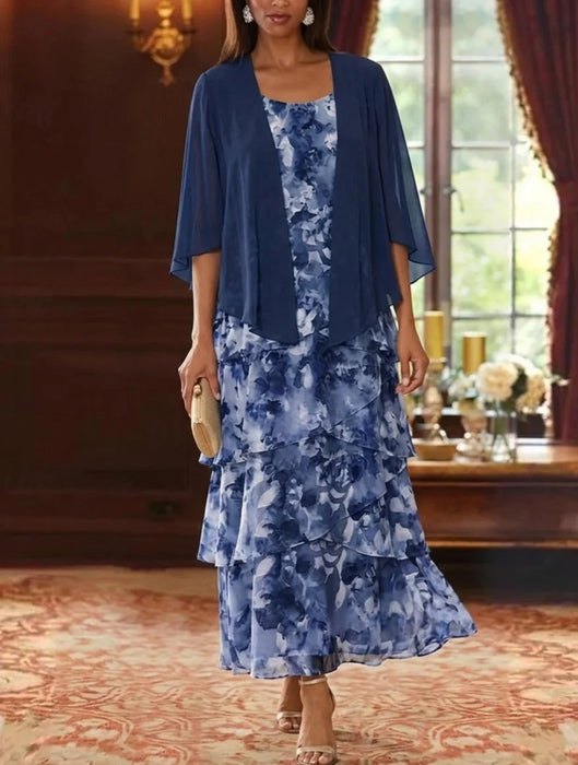 Floral Tiered Chiffon Mother of the Bride Dress Ankle Length with 3/4 Sleeves