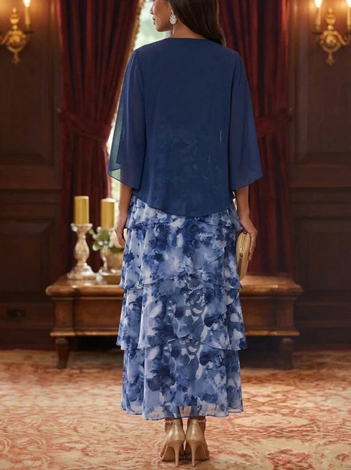 Floral Tiered Chiffon Mother of the Bride Dress Ankle Length with 3/4 Sleeves