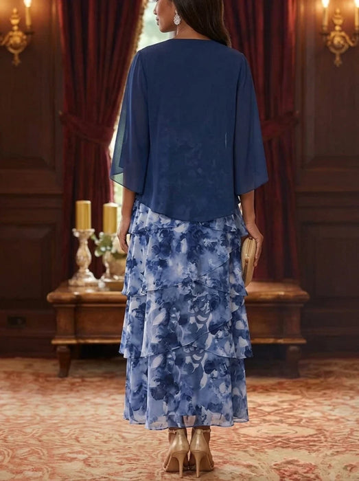 Floral Tiered Chiffon Mother of the Bride Dress Ankle Length with 3/4 Sleeves