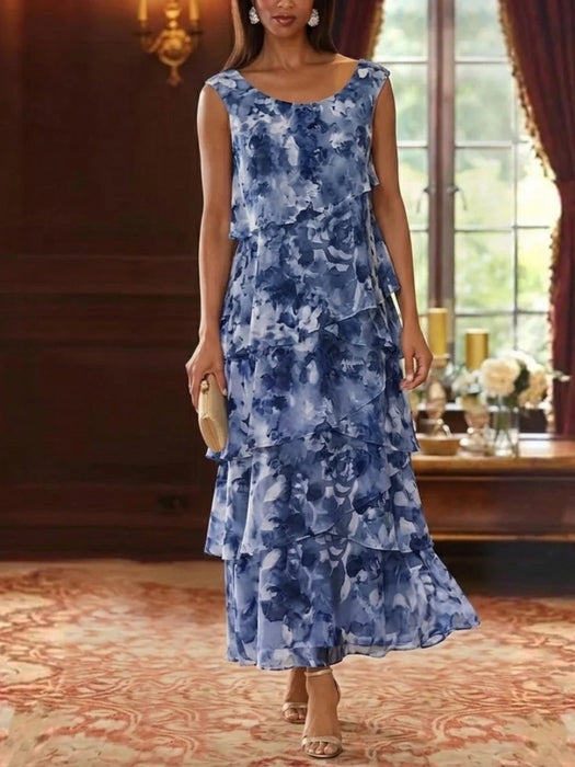 Floral Tiered Chiffon Mother of the Bride Dress Ankle Length with 3/4 Sleeves