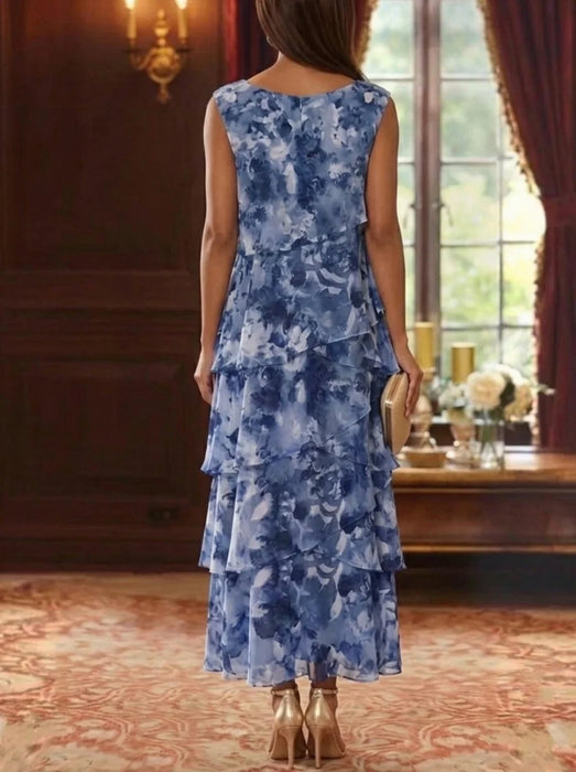 Floral Tiered Chiffon Mother of the Bride Dress Ankle Length with 3/4 Sleeves