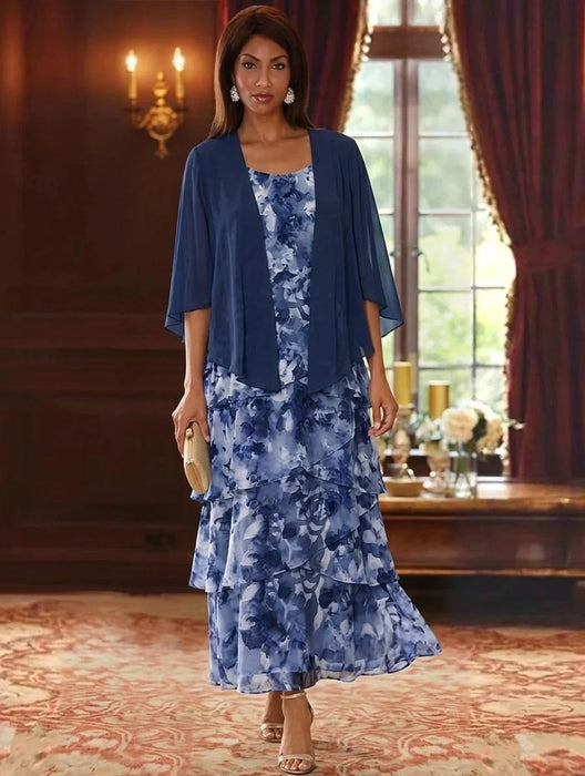 Floral Tiered Chiffon Mother of the Bride Dress Ankle Length with 3/4 Sleeves